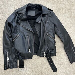 All Saints Black and Silver Moto Jacket with Asymmetrical Zipper